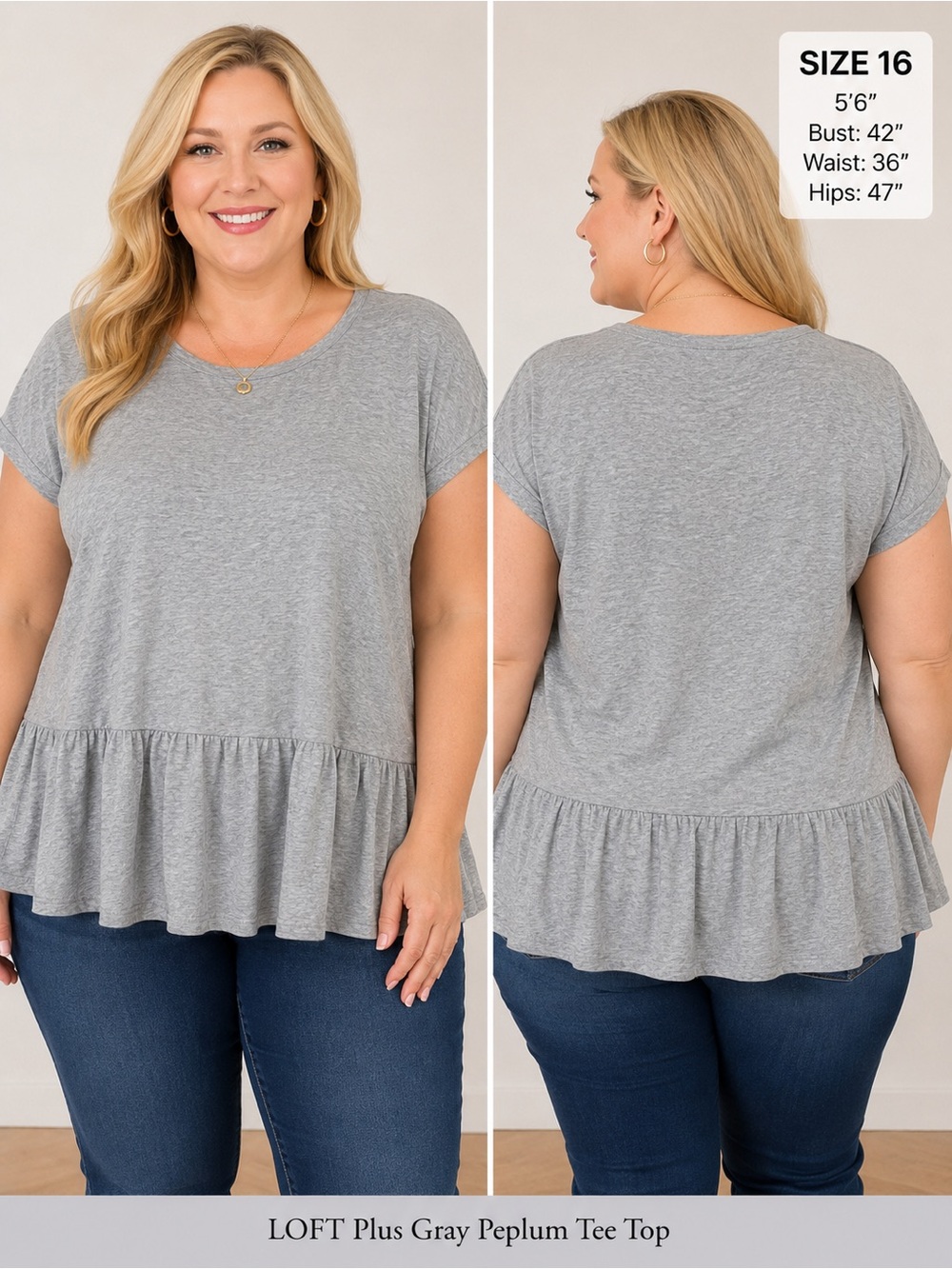 LOFT Plus Gray Peplum Tee Top Size 16/18 Casual Soft Knit Babydoll